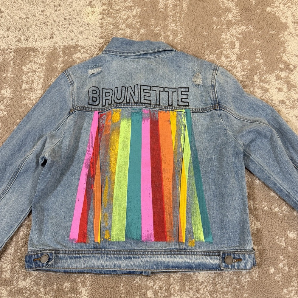 Judith March Jean Jacket Womens Medium Brunette Rainbow Distressed Trucker